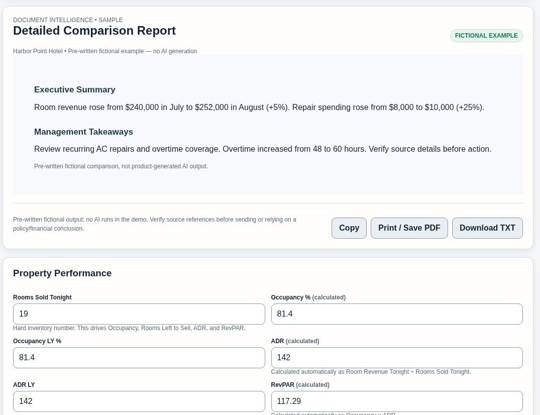Document Intelligence — fictional comparison sample — fictional hotel sample